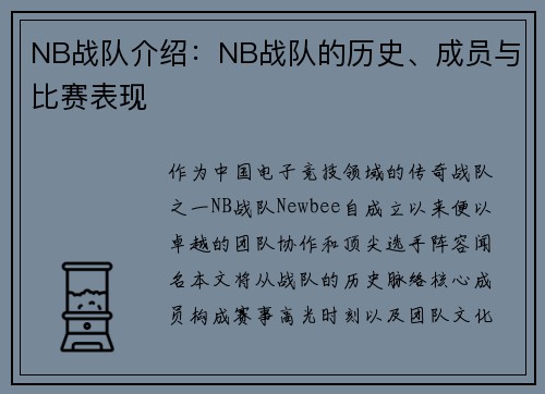 NB战队介绍：NB战队的历史、成员与比赛表现