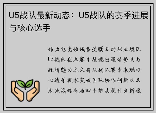 U5战队最新动态：U5战队的赛季进展与核心选手